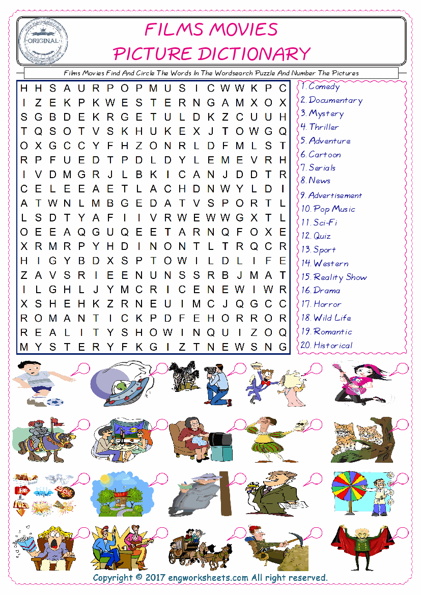 ESL wordsearch worksheets for kids, find Films Movies words in the word wordsearch write its number on its picture English worksheet. 